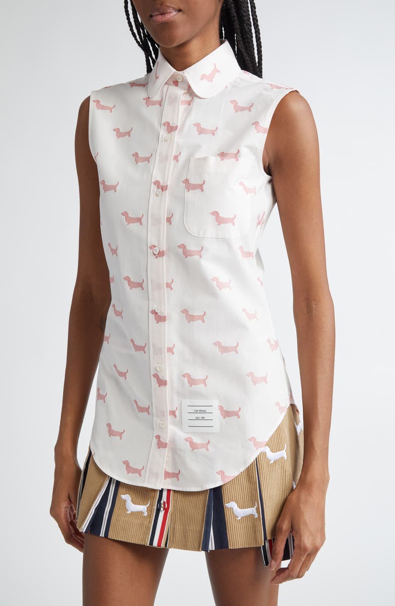 Thom Browne Hector Jacquard Sleeveless Round Collar Button-Up Shirt, Alternate, color, Red