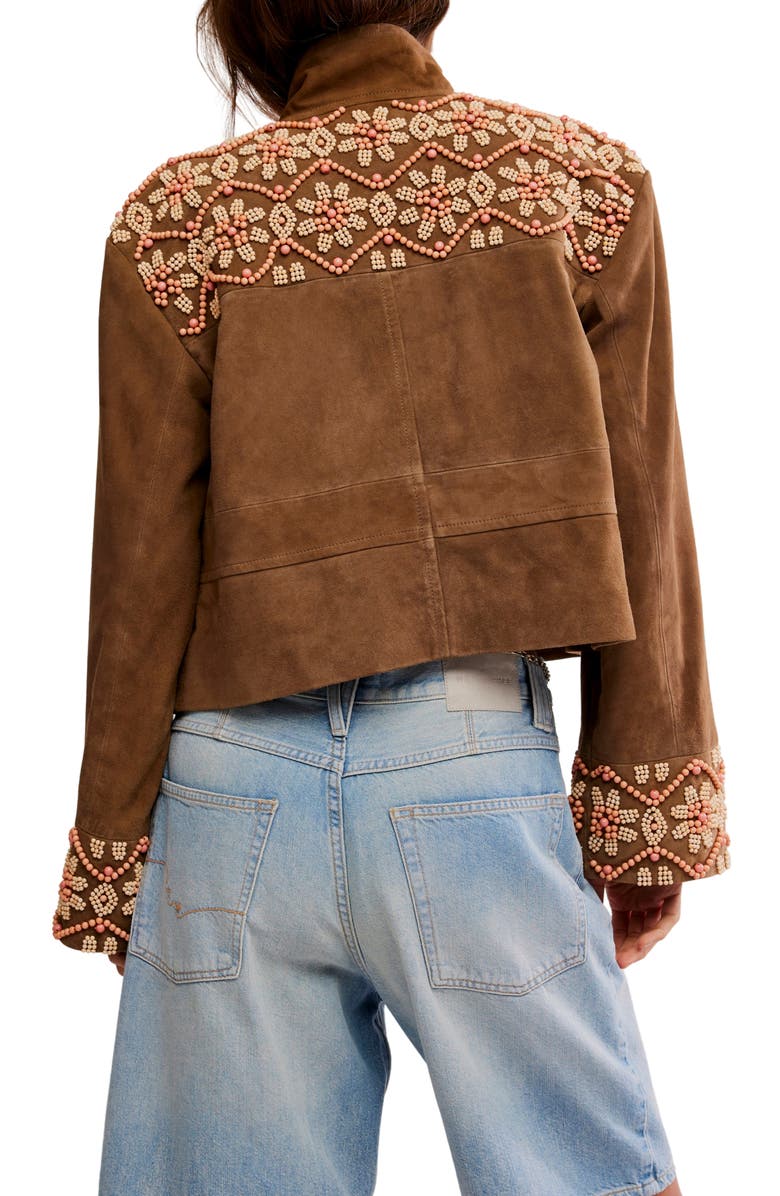 Free People Bali Fading Moon Crop Suede Jacket, Alternate, color, Olive Brown