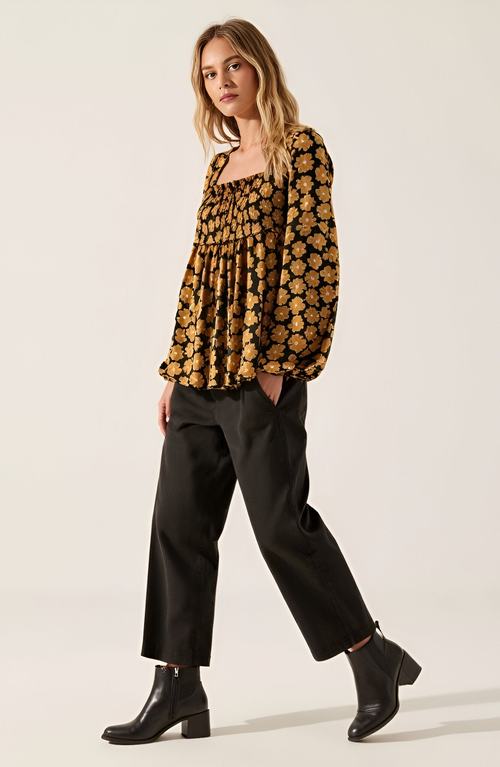 Modenaire Floral Print Smocked Bodice Long Sleeve Top With Square Neckline In Brown