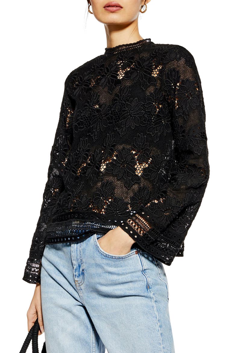 Floral Lace Blouse, Main, color, BLACK