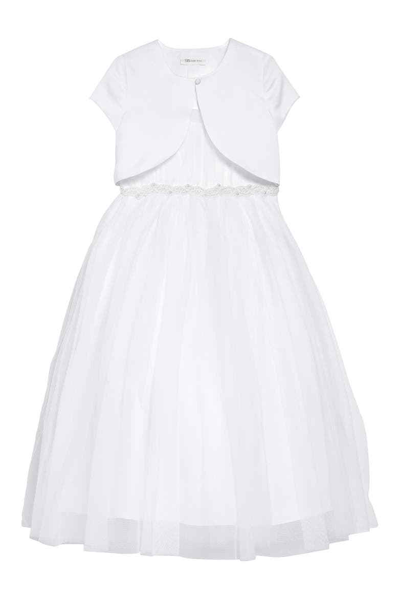 Iris & Ivy Beaded Tulle First Communion Dress & Bolero Jacket Set, Main, color, WHITE