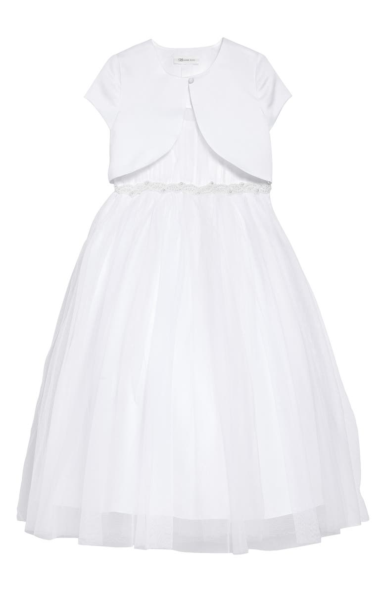 GERSON & GERSON Iris & Ivy Beaded Tulle First Communion Dress & Bolero Jacket Set, Main, color, 