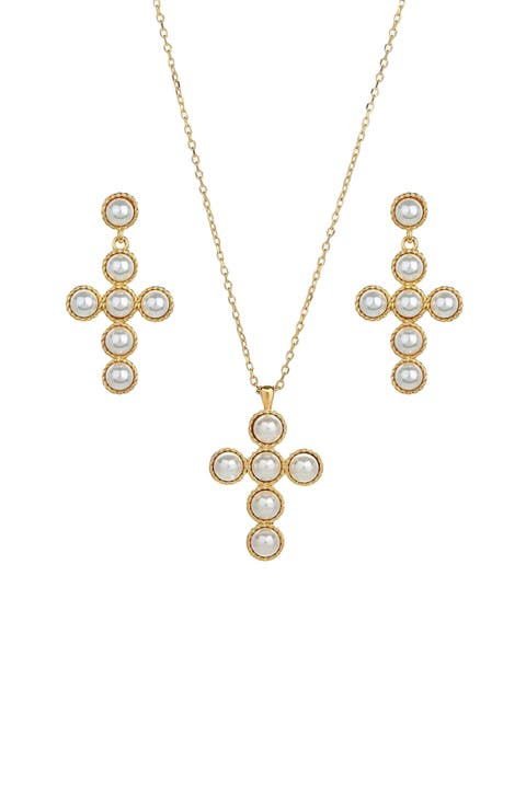 Sterling Silver 18k Gold Plated Victoria Cross Cultured Pearl Necklace  & Earrings Set