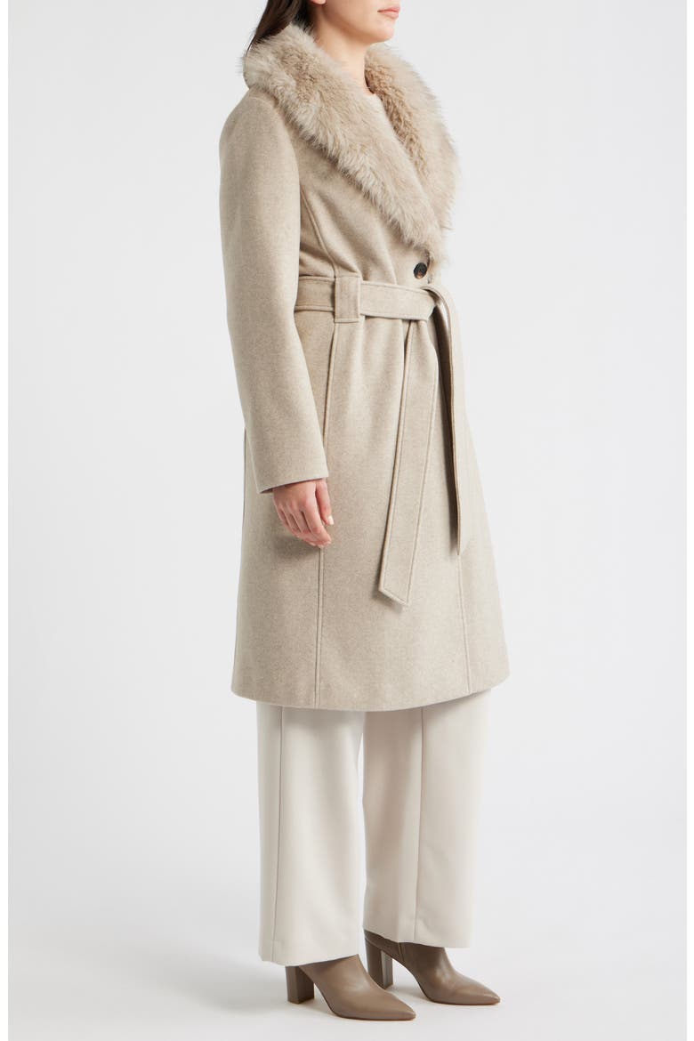 Belted Wrap Coat with Faux Fur Collar, Alternate, color, OATMEAL