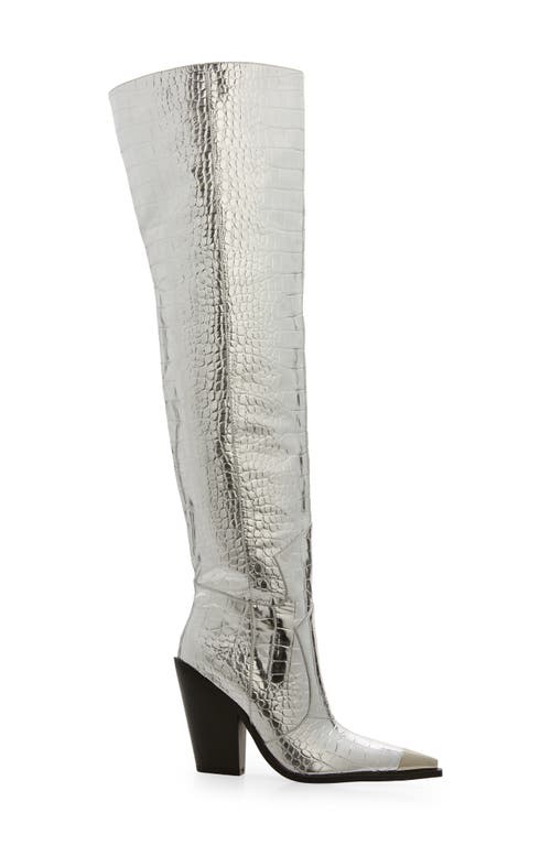Azalea Wang Grissel Croc Embossed Water Resistant Western Boot In Silver