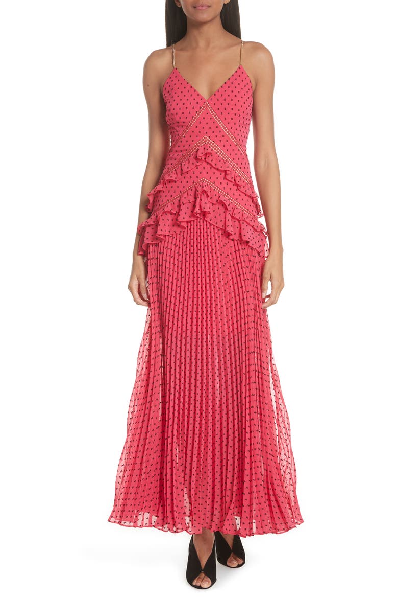 Ruffle Detail Plumetis Gown, Main, color, FUCHSIA