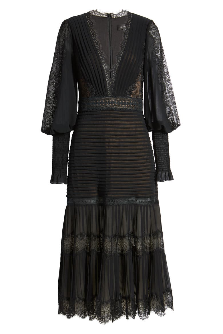 Lace Pintuck Long Sleeve Cocktail Dress, Alternate, color, BLACK/ NUDE