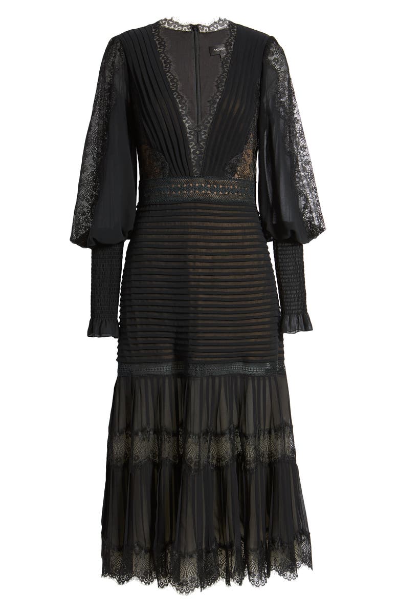 Tadashi Shoji Lace Pintuck Long Sleeve Cocktail Dress, Alternate, color, Black/ Nude