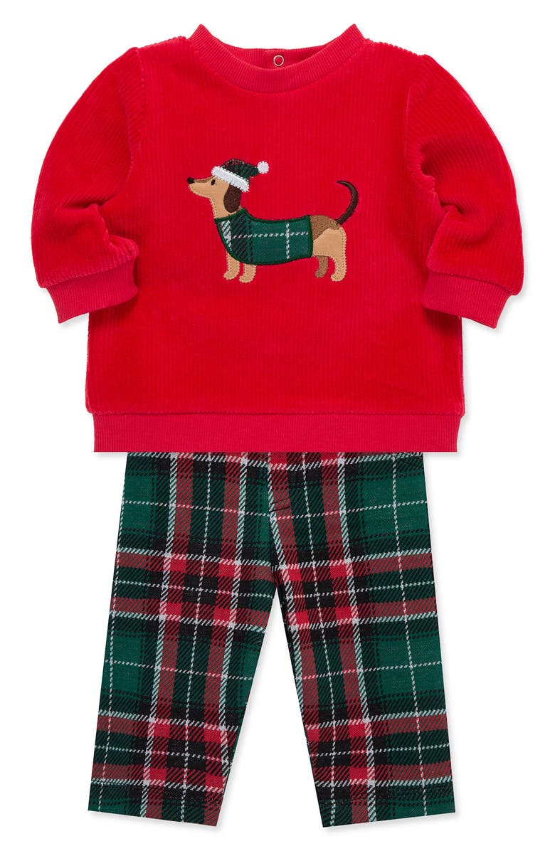 Little Me Plaid Puppy Velour Top & Pants Set, Alternate, color, Red Plaid