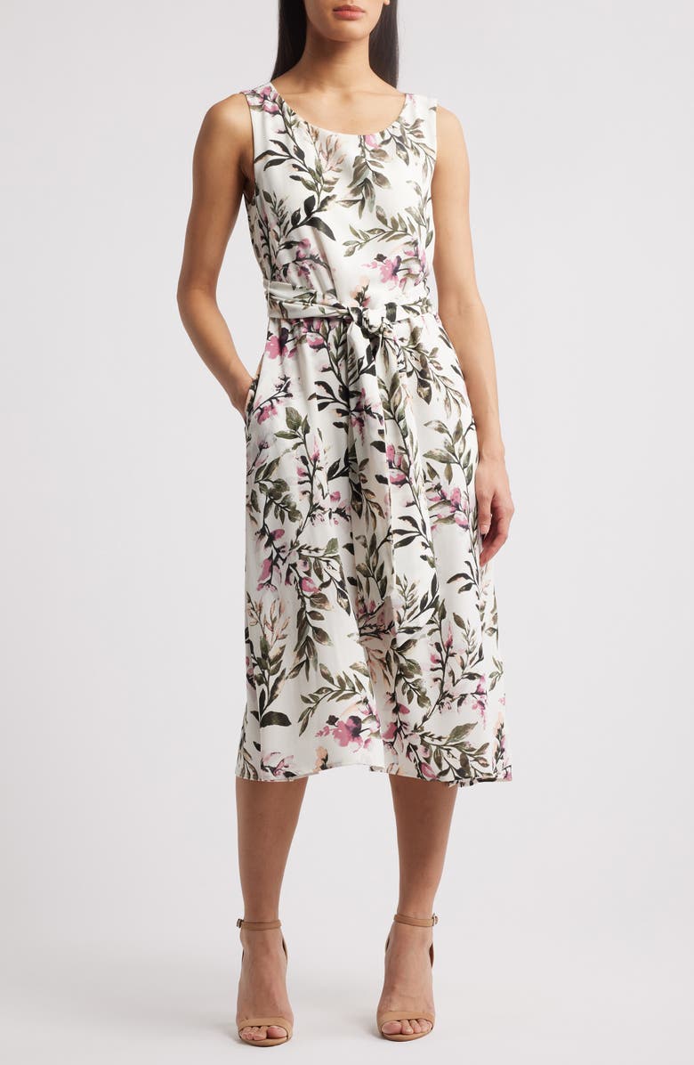 Connected Apparel Tie Waist Crepe Midi Dress, Main, color, Dusty Rose