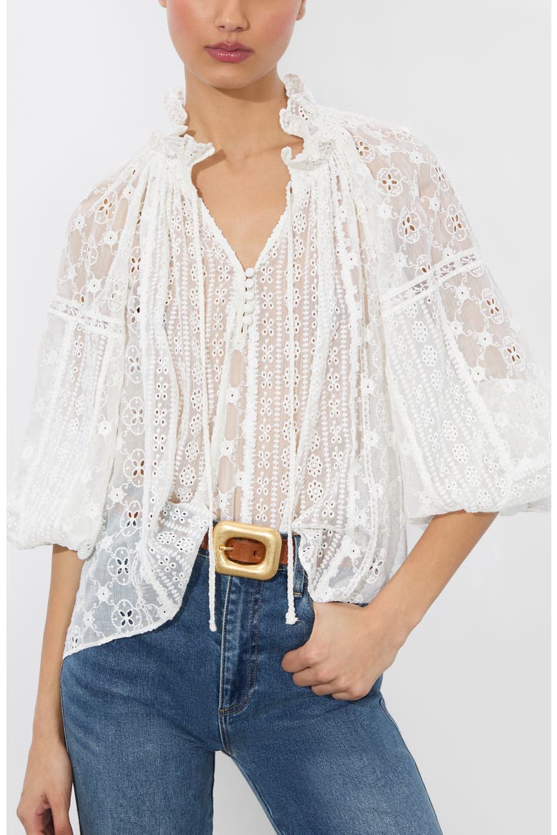 ALICE + OLIVIA Norah Eyelet Embroidered Peasant Top (Women