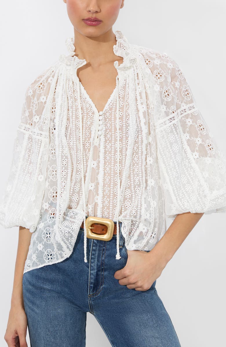 Alice + Olivia Norah Eyelet Embroidered Peasant Top, Main, color,