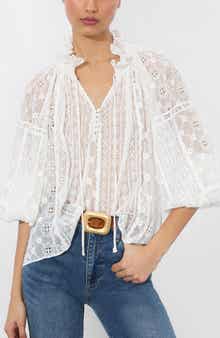 Alice + Olivia Norah Eyelet Embroidered Peasant Top