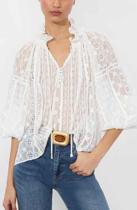 Alice + Olivia Norah Eyelet Embroidered Peasant Top