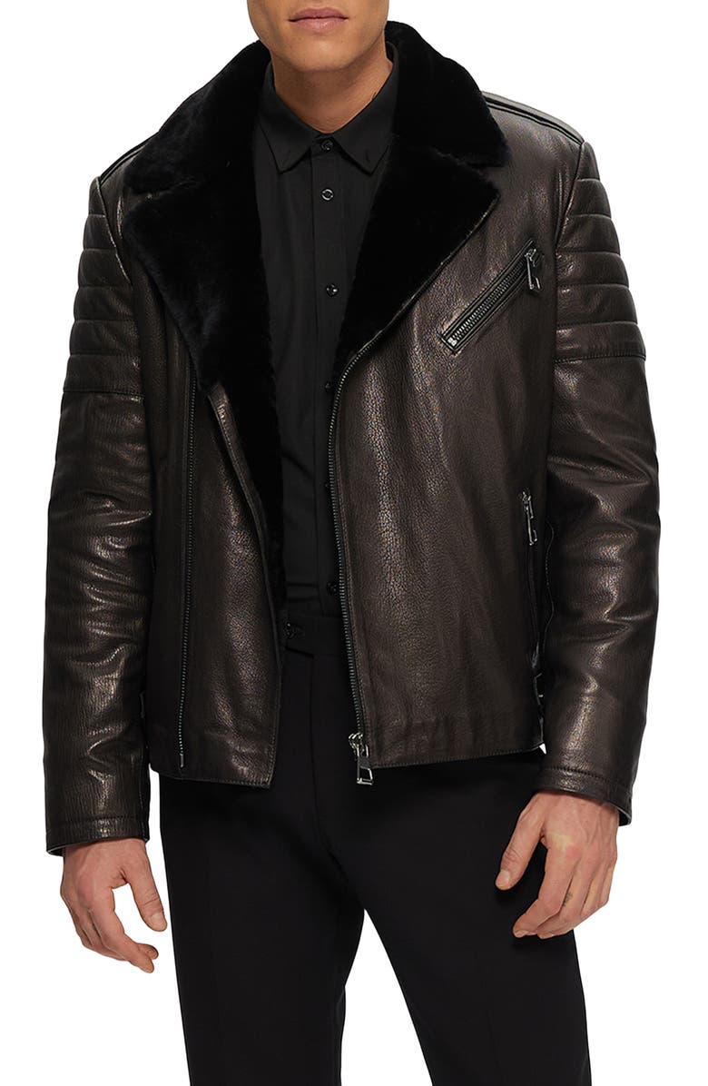 GORSKI Mens Nappa Moto Jacket with Genuine Shearling, Main, color, Black/Black