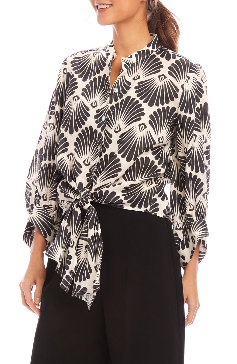 Karen Kane Shell Print Tie Front Linen Button-Up Top, Alternate, color, Black/ White Print