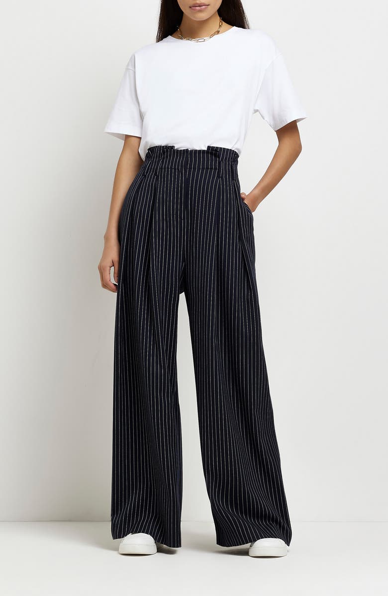 River Island Pinstripe Pleated Paperbag Waist Wide Leg Trousers, Alternate, color,