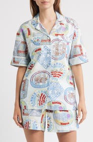 Damson Madder Chlo Holiday Print Cotton & Linen Camp Shirt