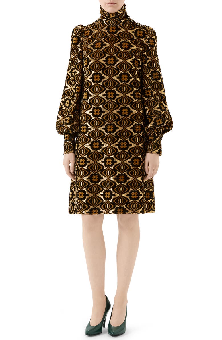 Gucci Metallic Chenille Jacquard Long Sleeve Dress, Main, color, 