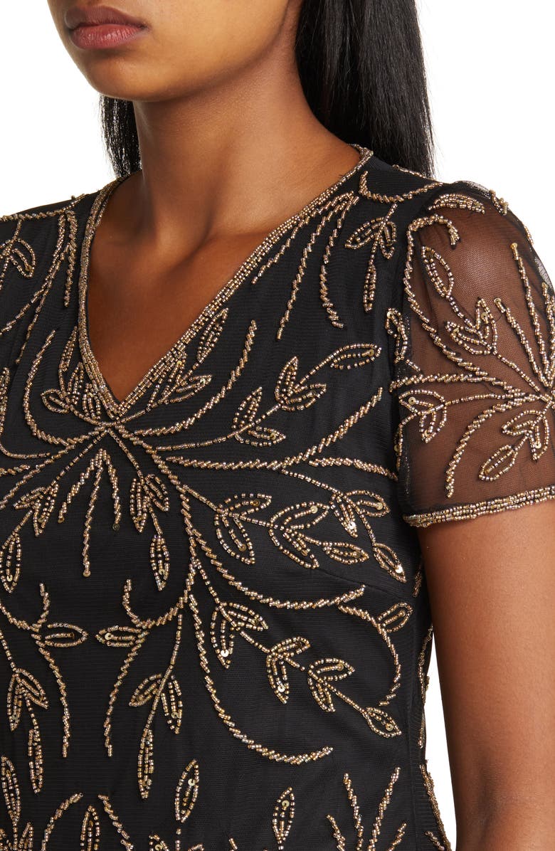 Pisarro Nights Beaded Mesh Gown, Alternate, color, Black/ Gold