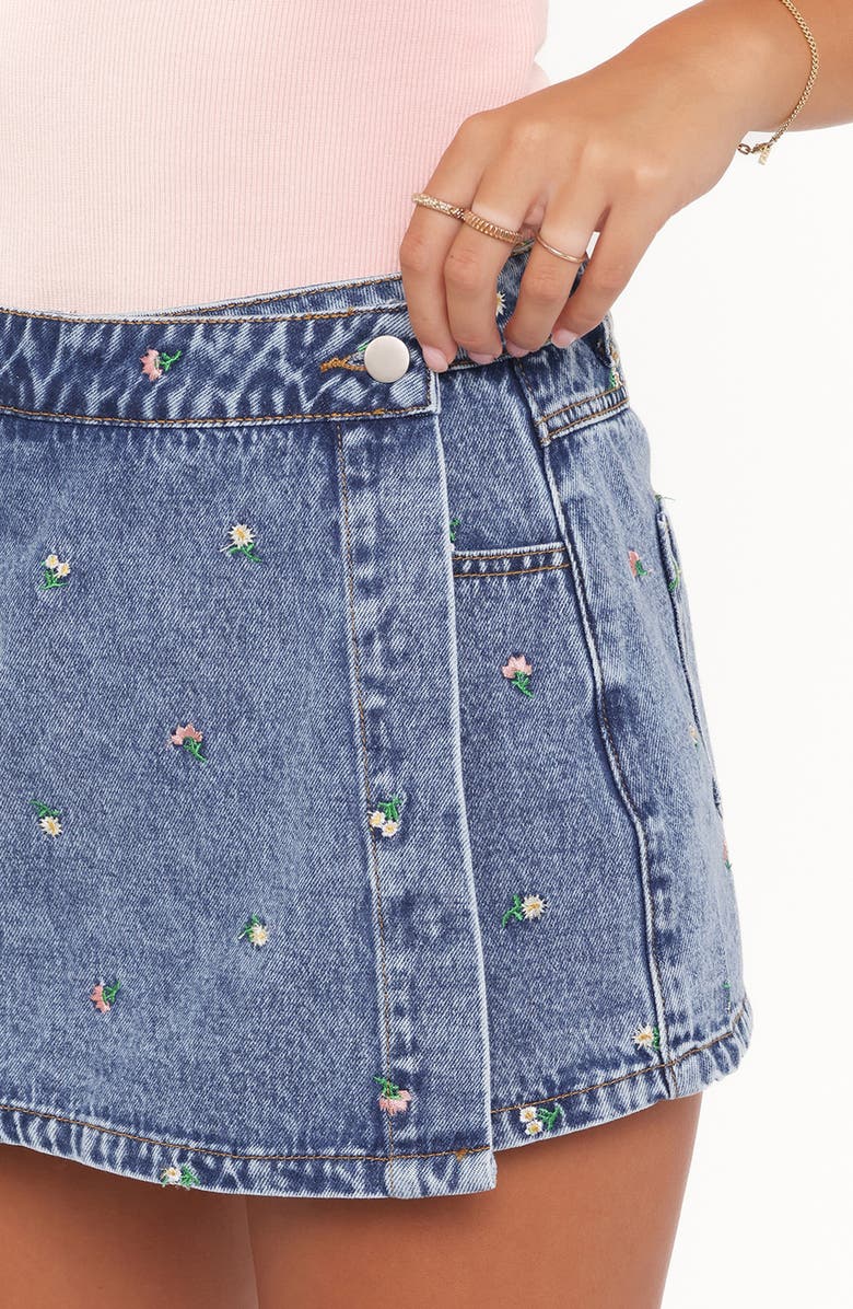 Petal & Pup Evanna Floral Embroidered Denim Wrap Miniskort, Alternate, color, Embroidery Medium Wash