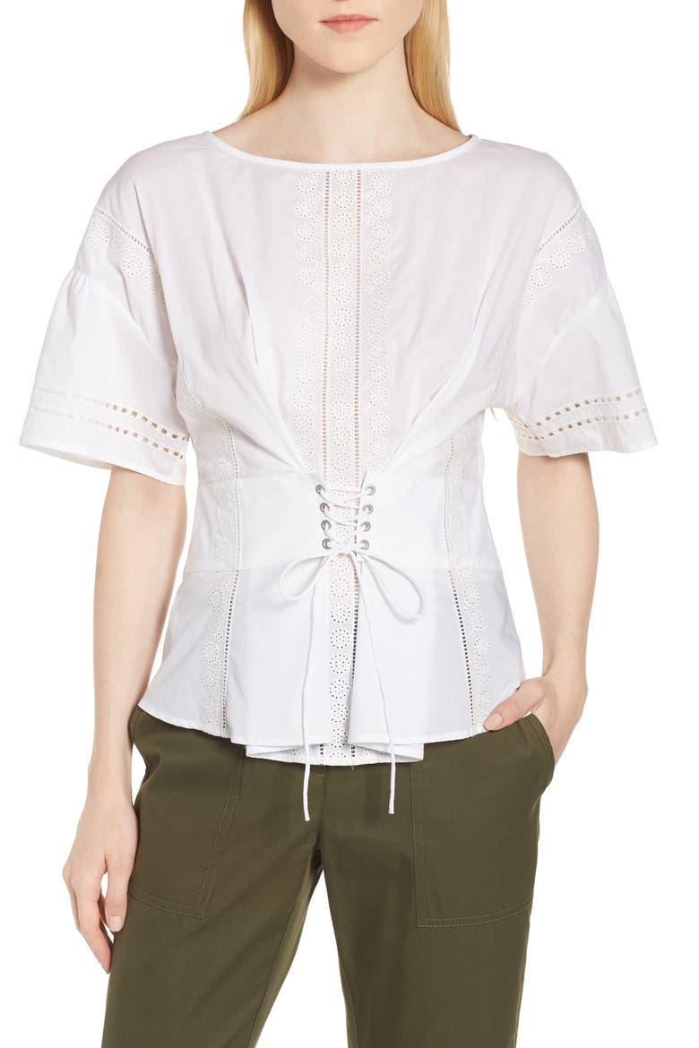 Lace-Up Eyelet Top, Main, color, WHITE