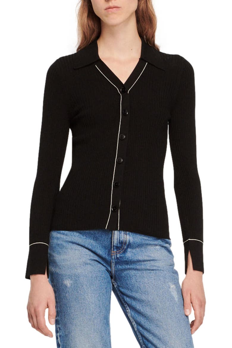 Gab Ribbed Button-Up Sweater, Main, color, BLACK