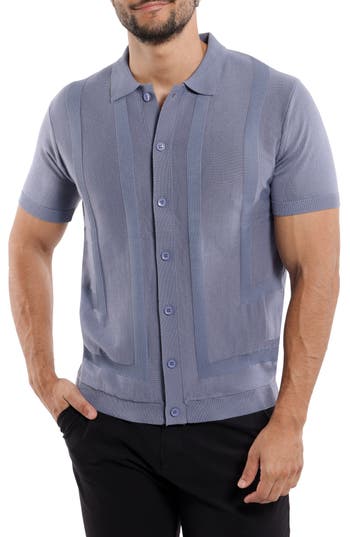Spring + Mercer Textured Short Sleeve Button-up Sweater In Slate Blue