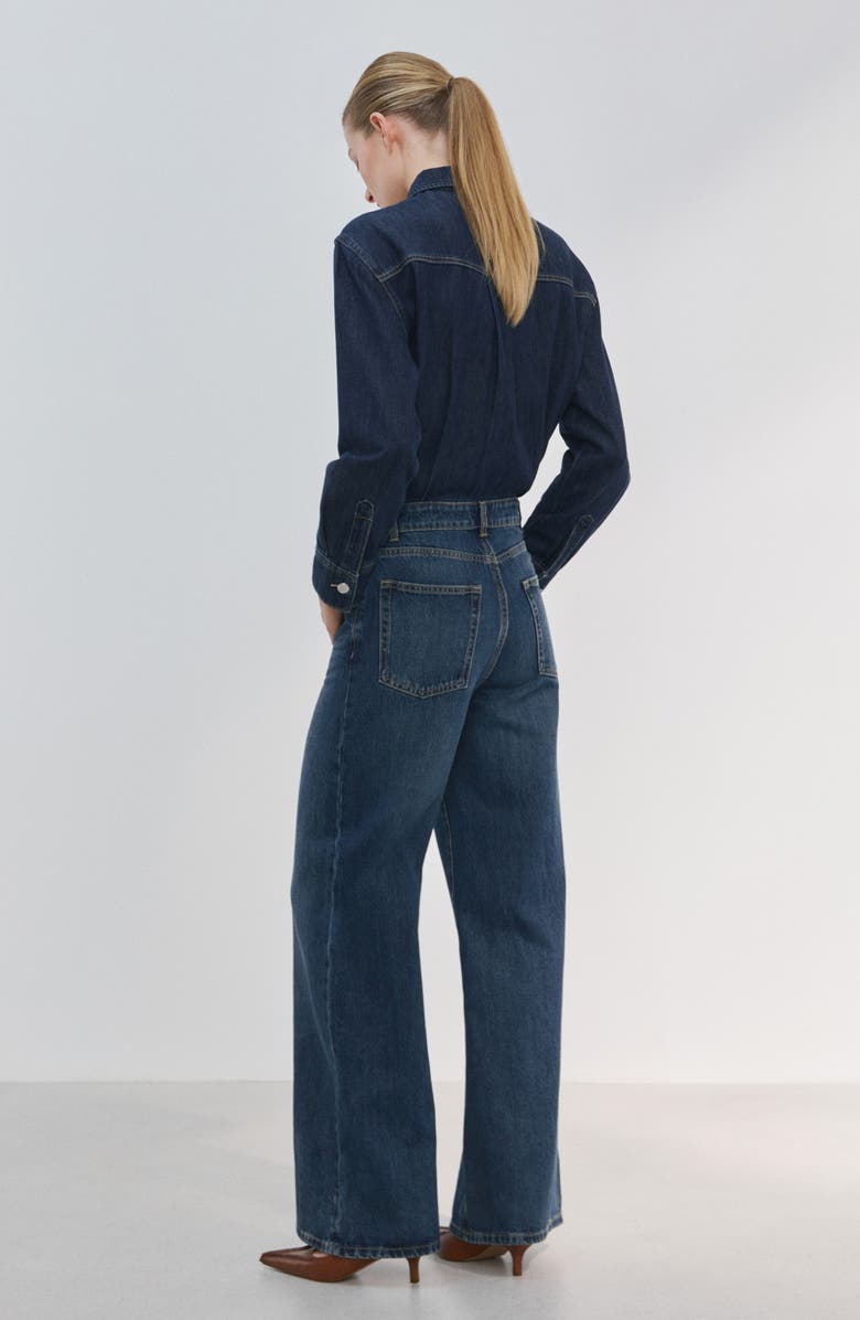 MANGO Long Sleeve Wide Leg Denim Jumpsuit, Alternate, color, Dark Blue