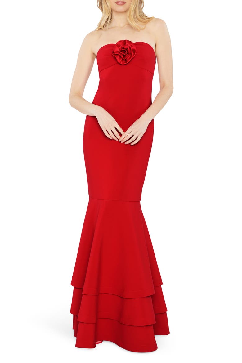 Levi Rosette Strapless Mermaid Gown, Main, color, SCARLET