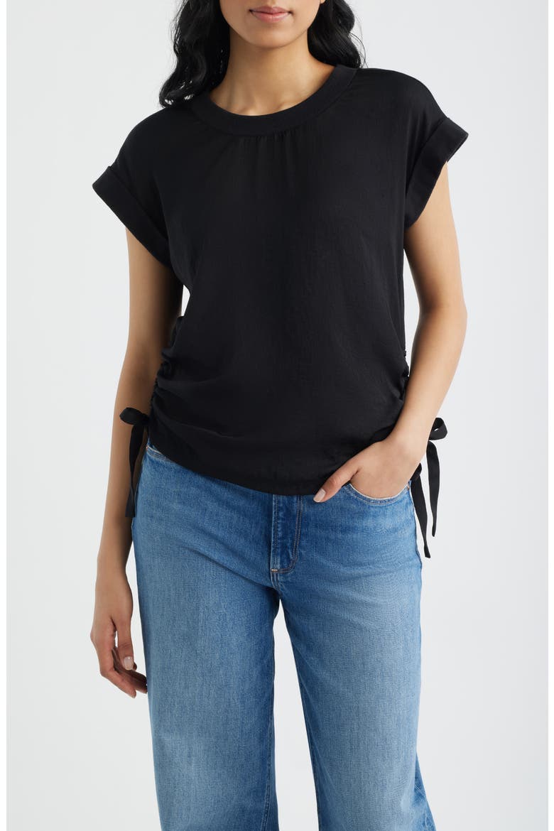 Mixed Media Drawstring T-Shirt, Main, color, BLACK