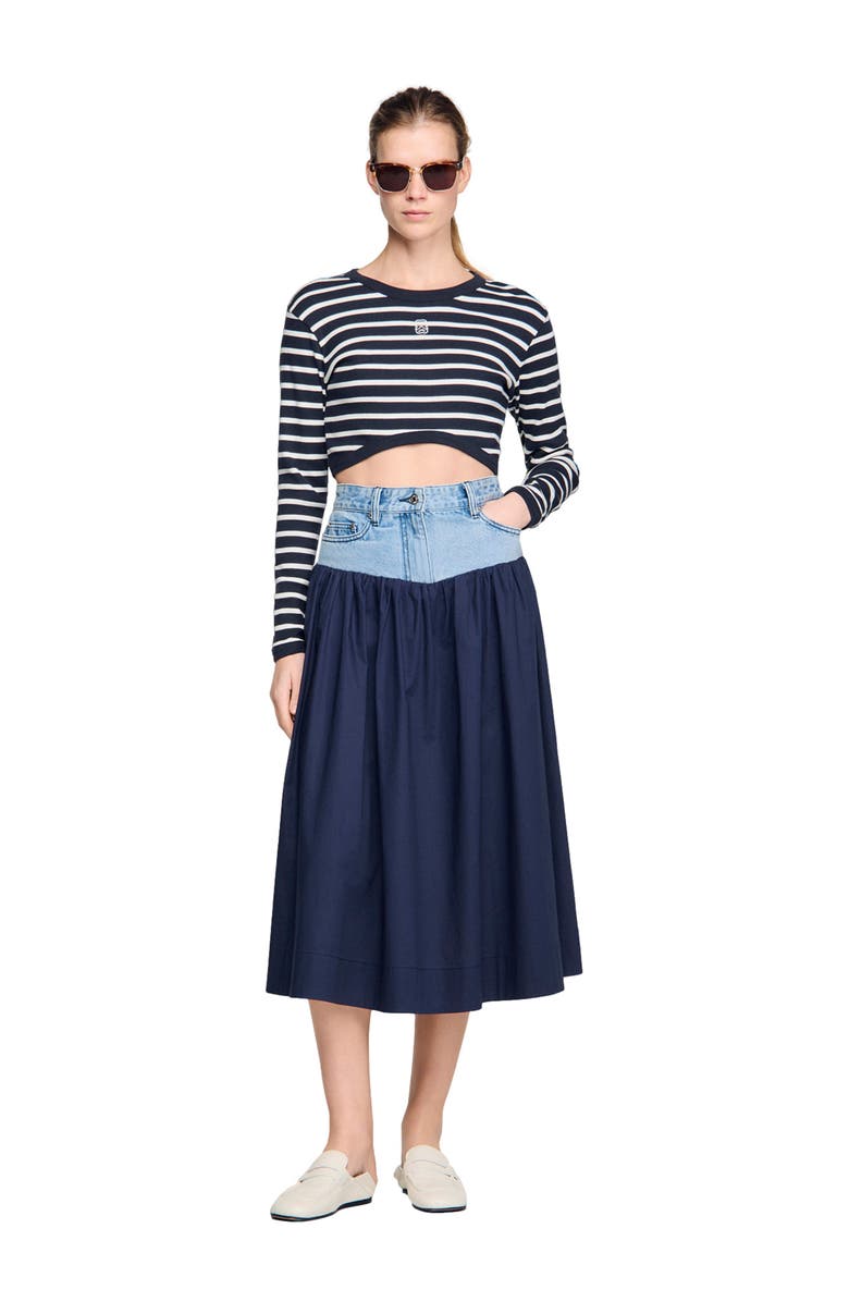 SANDRO Mixed-material maxi skirt, Alternate, color, Navy Blue