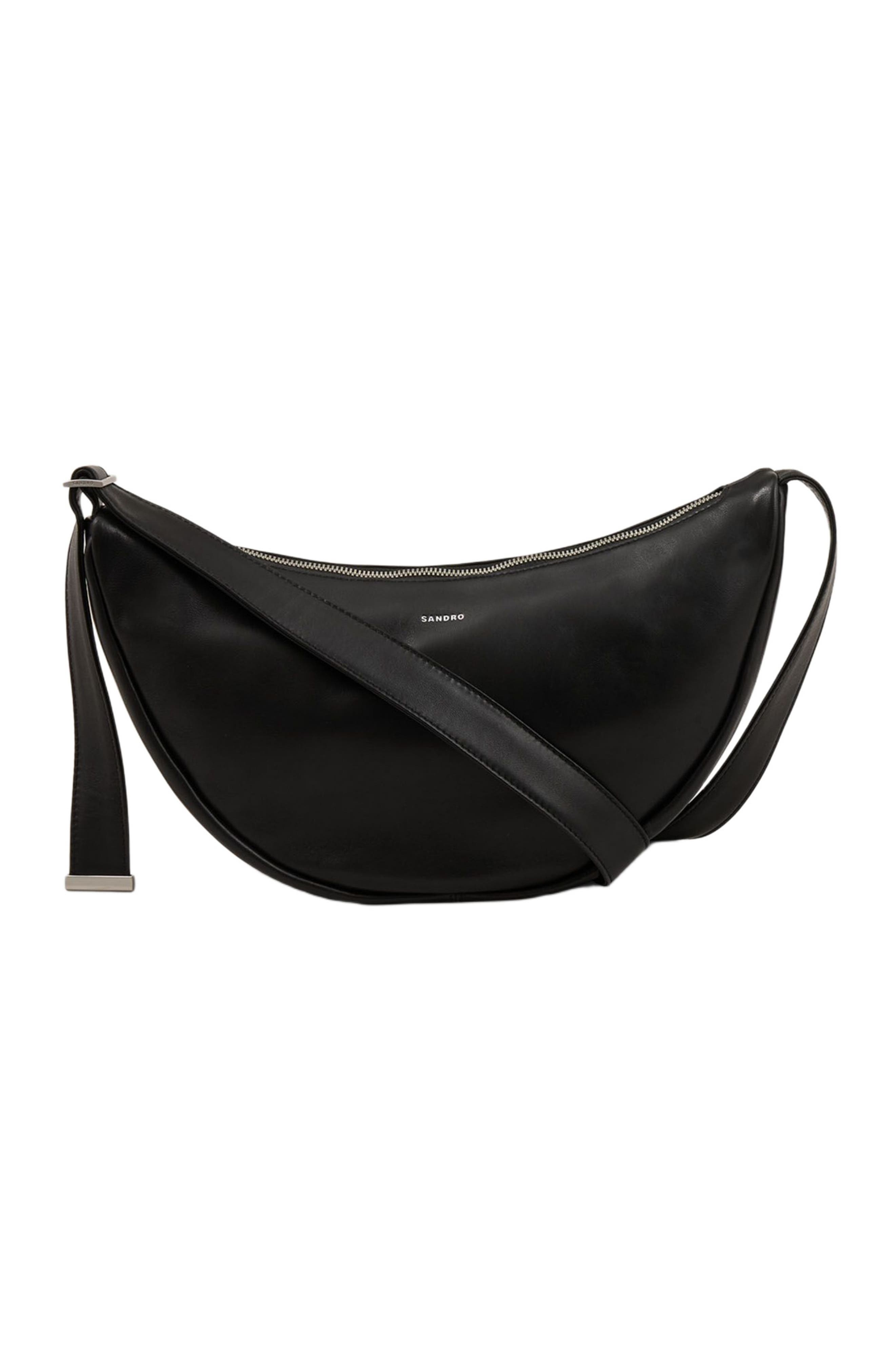 SANDRO Small leather hobo bag, Main, color, Black
