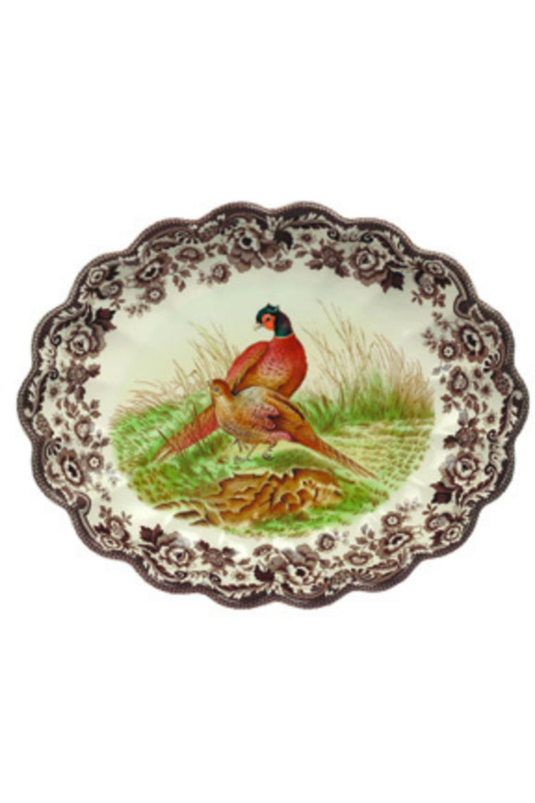 Woodland 14.5" Oval Fluted Dish, Pheasant, Main, color, Brown