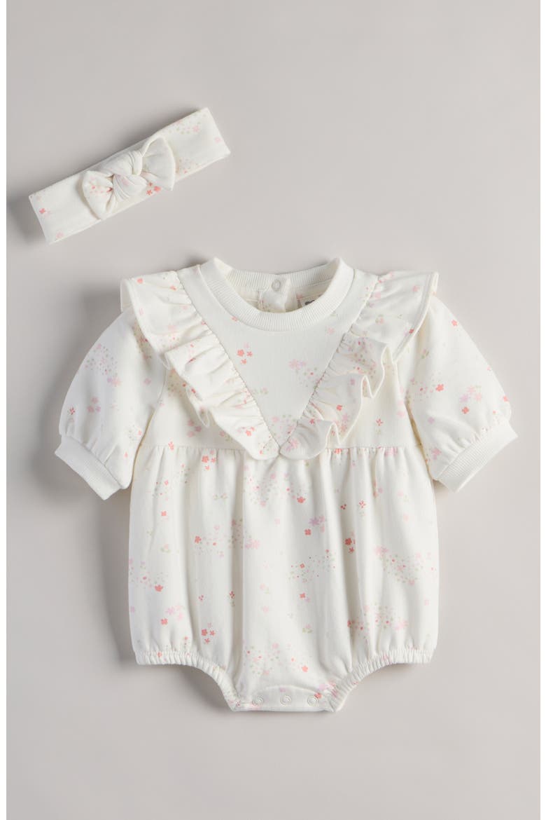 Ruffle Cotton Blend Fleece Romper & Headband Set, Main, color, IVORY EGRET SWEET MEADOW