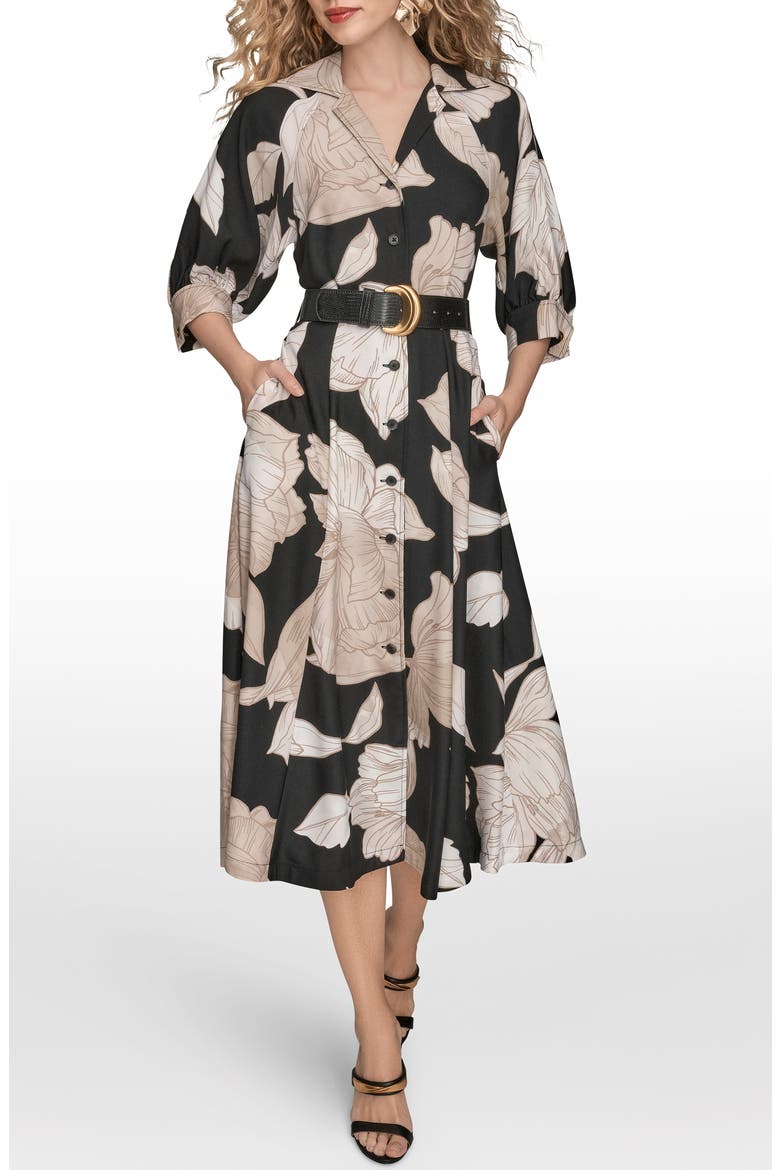 Floral Belted Shirtdress, Main, color, BLACK/ FAWN MULTI (H5N)
