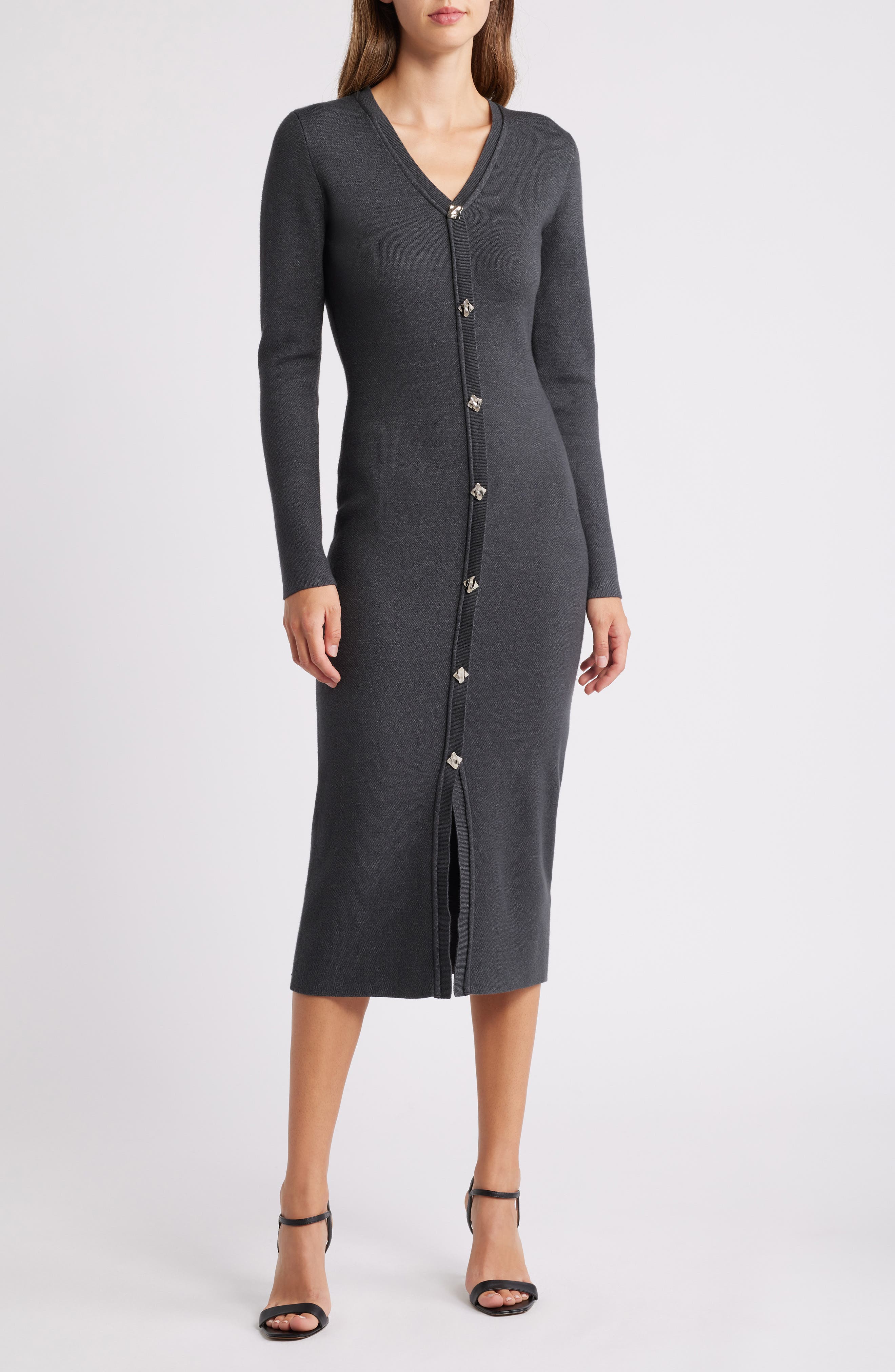 ZOE AND CLAIRE Long Sleeve Midi Sweater Dress in Dark Charcoal 