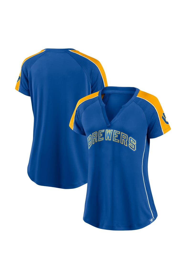 Women's Fanatics Branded Royal/Gold Milwaukee Brewers True Classic League Diva Pinstripe Raglan V-Neck T-Shirt, Main, color, Royal
