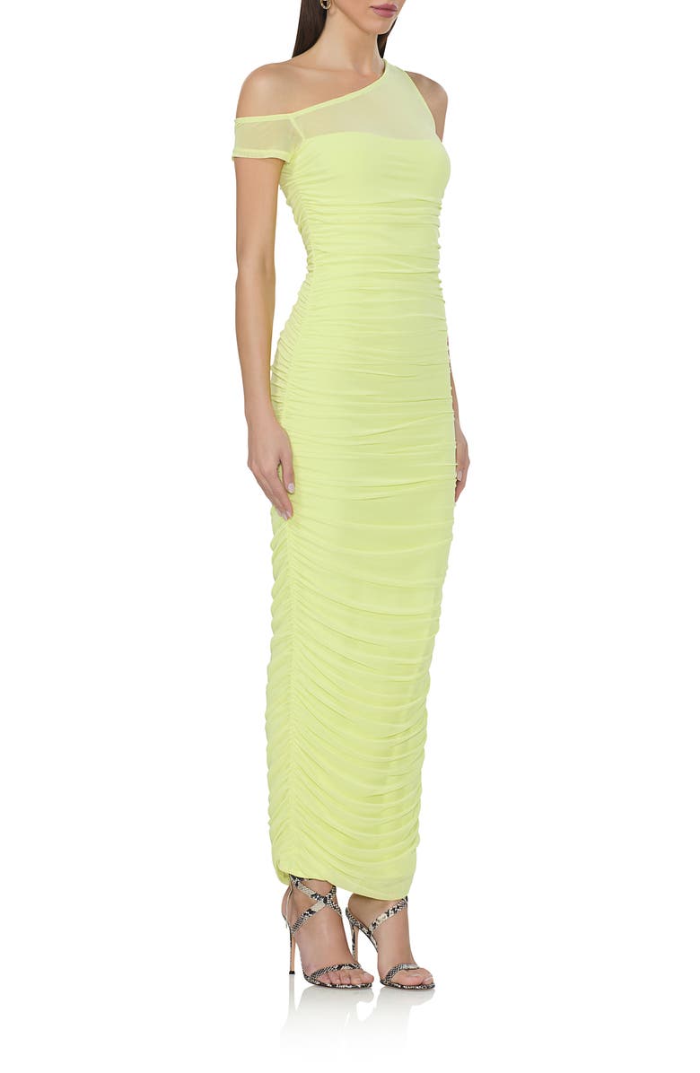 AFRM Biona One-Shoulder Ruched Mesh Maxi Dress, Alternate, color, Sunny Lime