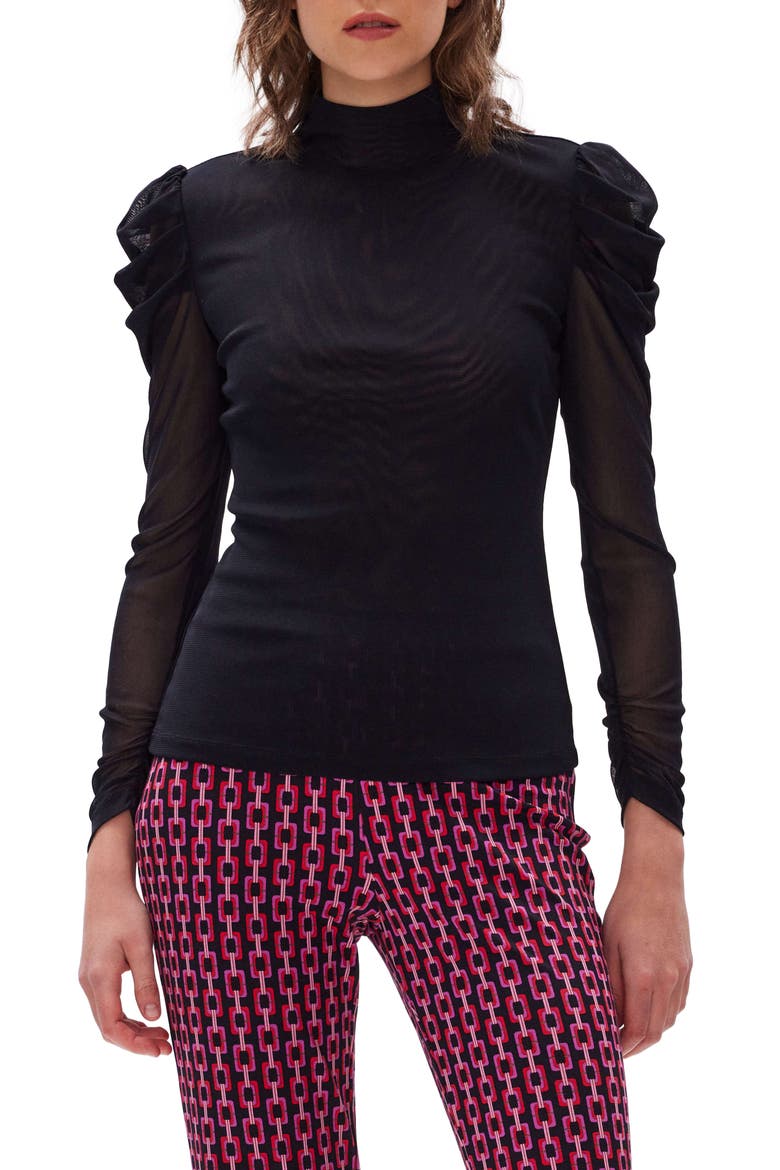 Remy Mesh Puff Sleeve Blouse, Main, color, BLACK