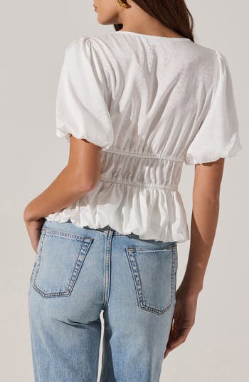 Floral Jacquard Tie Front Puff Sleeve Top