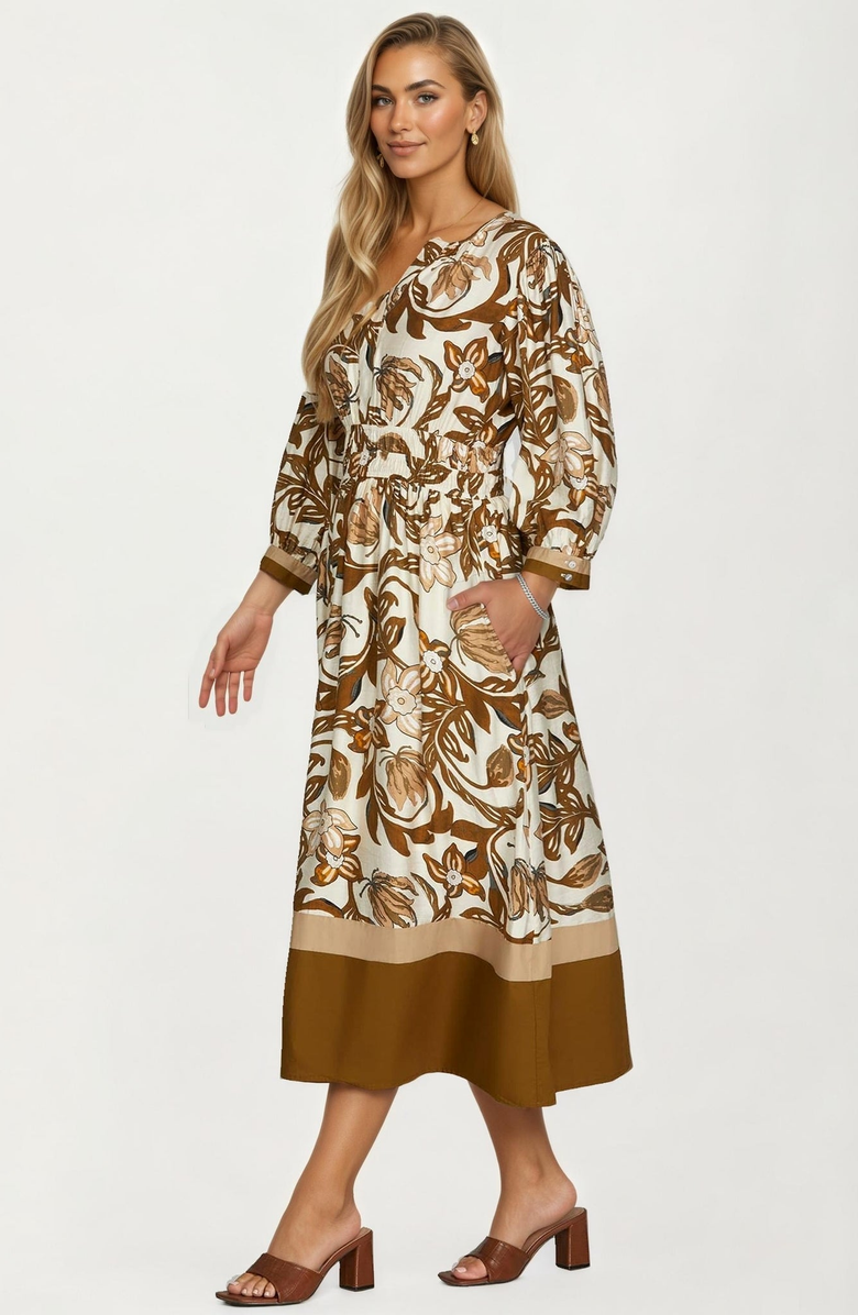 Knit and Lounge Floral Print Long Sleeve Midi Dress with Smocked Waist, Alternate, color, 