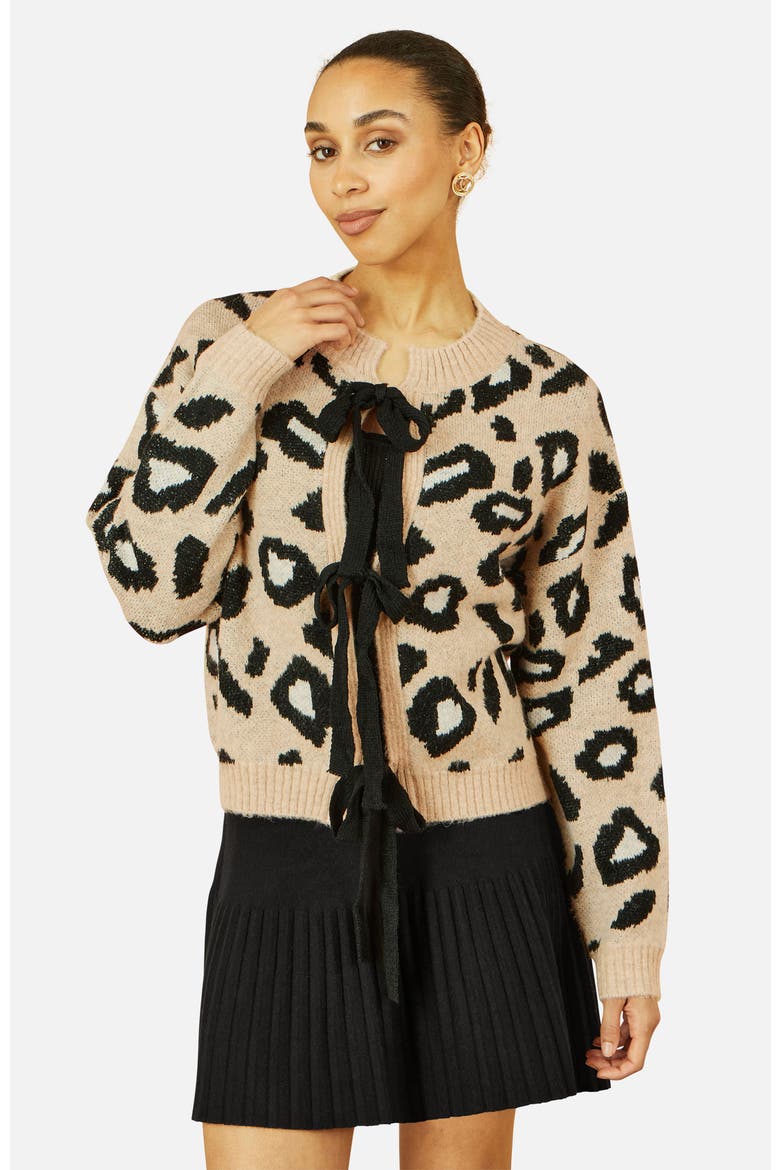 Animal Print Intarsia Tie Front Cardigan, Main, color, Beige