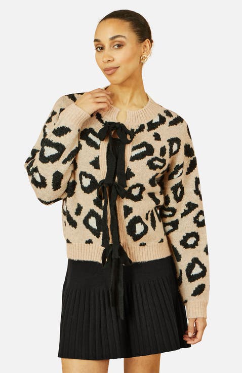 Animal Print Intarsia Tie Front Cardigan