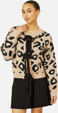 Yumi Animal Print Intarsia Tie Front Cardigan