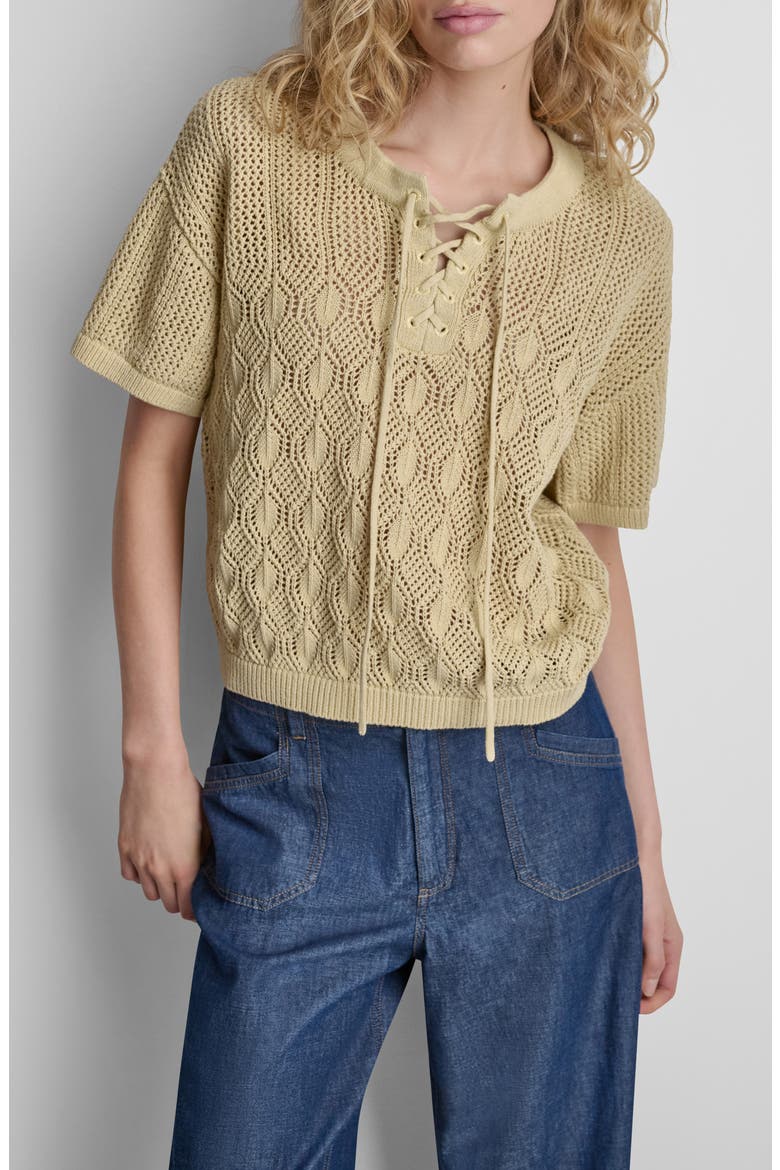 Lace-Up Placket Short Sleeve Semisheer Cotton Blend Pointelle Sweater, Main, color, MOJAVE DESERT