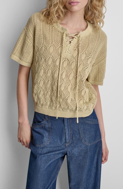 Lace-Up Placket Short Sleeve Semisheer Cotton Blend Pointelle Sweater