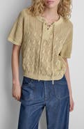 DKNY Lace-Up Placket Short Sleeve Semisheer Cotton Blend Pointelle Sweater