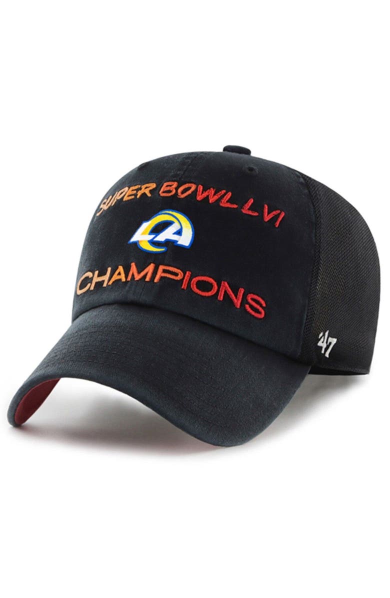 '47 Men's '47 Black Los Angeles Rams Super Bowl LVI Champions Scene Trucker Clean Up Adjustable Hat, Main, color,
