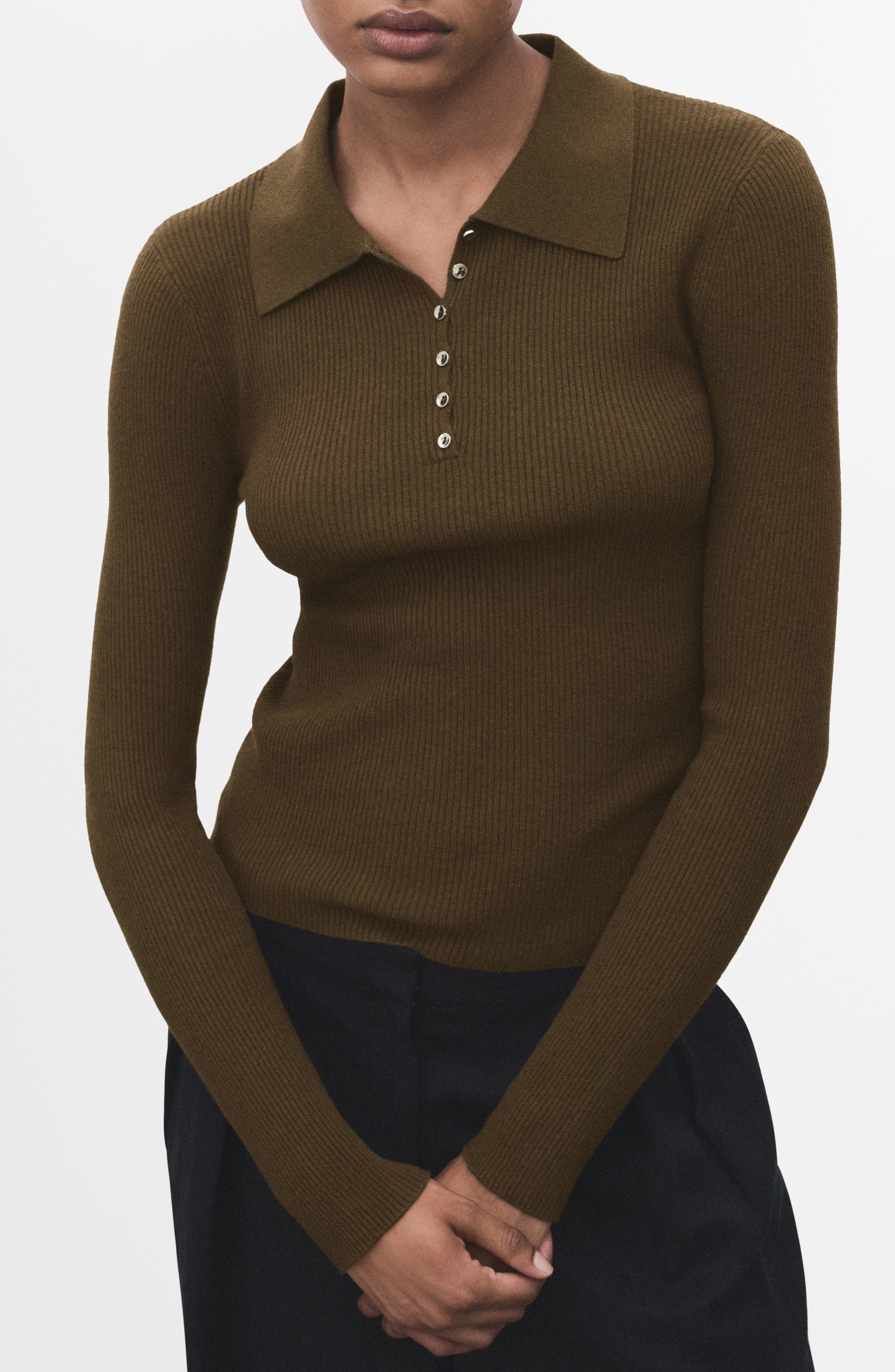 MANGO Rib Long Sleeve Polo Sweater